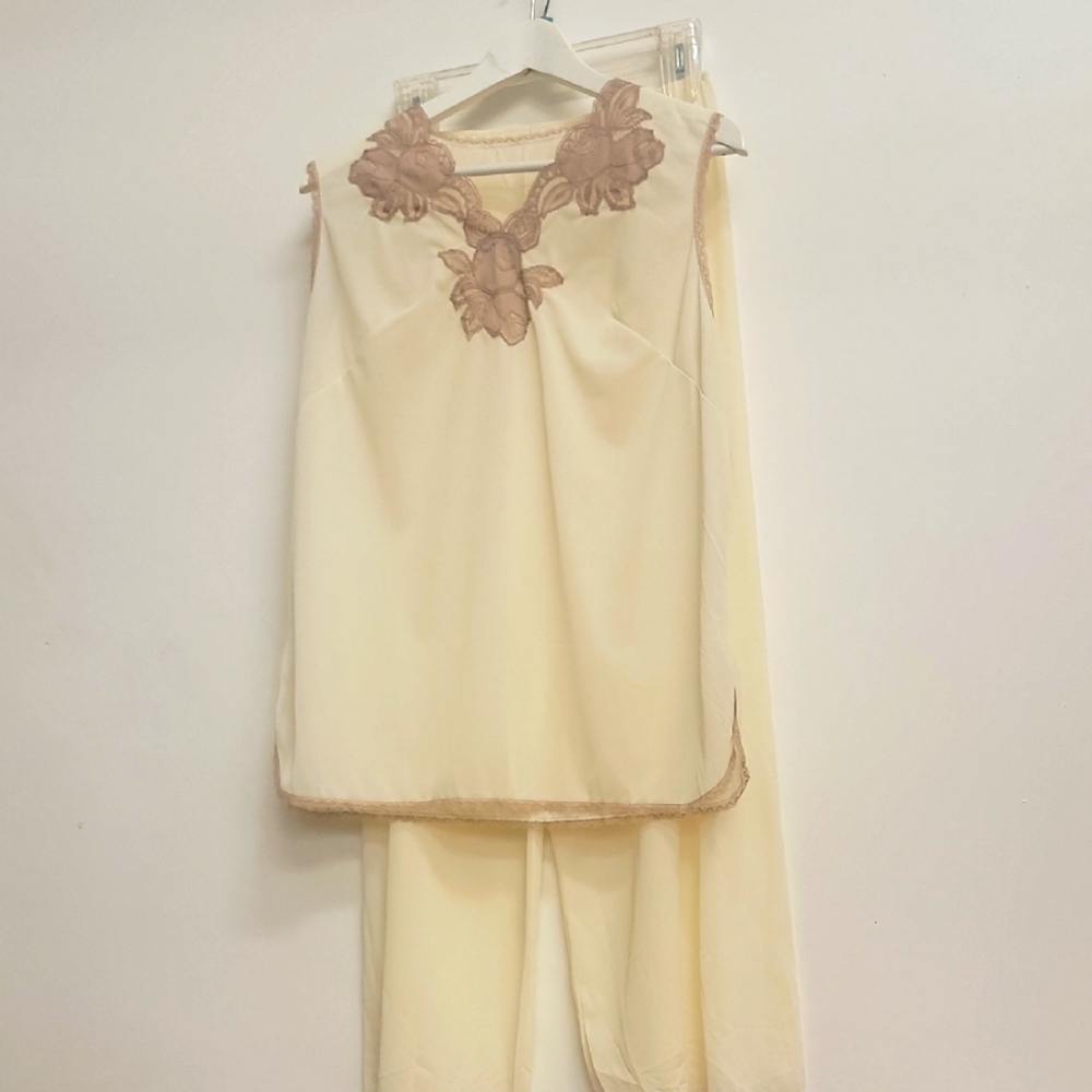 Camisole Pettipants Cream Tan Floral Lace Sleepwear Set M Vintage 80s